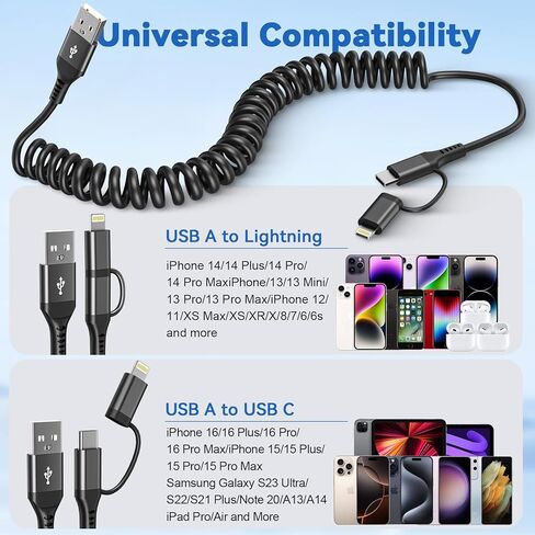 ملفوف USB C إلى Combo Cable Combo 4ft ، [معتمد من MFI] من النوع C من النوع C iPhone Charger PD الشحن السريع للسيارة ، ومسافة قصيرة USB C إلى Apple CarPlay لـ iPhone 14 13 12 Pro Mini Mini XR XS 8 SE in Kuwait