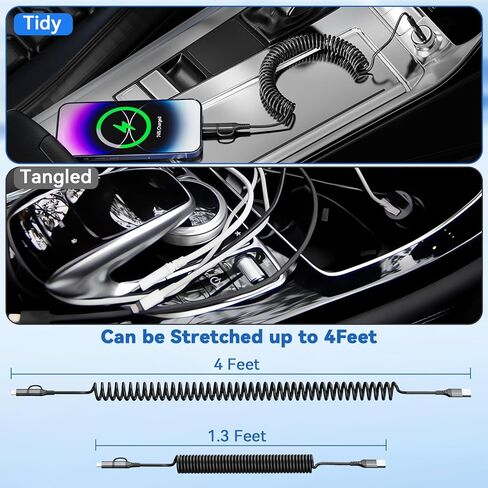 ملفوف USB C إلى Combo Cable Combo 4ft ، [معتمد من MFI] من النوع C من النوع C iPhone Charger PD الشحن السريع للسيارة ، ومسافة قصيرة USB C إلى Apple CarPlay لـ iPhone 14 13 12 Pro Mini Mini XR XS 8 SE in Kuwait
