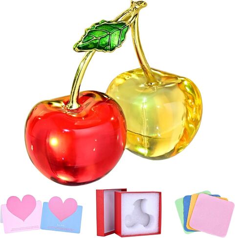 Double Crystal Cherry Figurine-Sparkling Glass Fruit Paperweight & Tabletop Decor-Elegant Home Office Centerpiece for Kitchen, Living Room, Wedding&Christmas Gift (Red Collectible Ornaments in Saudi Arabia