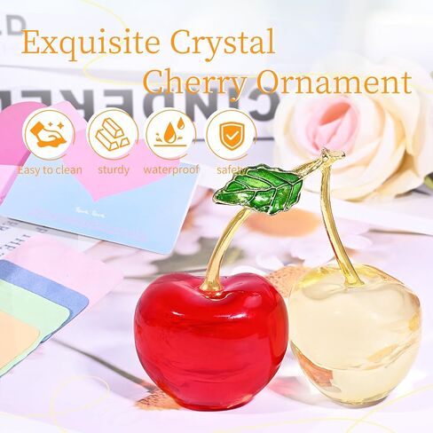 Double Crystal Cherry Figurine-Sparkling Glass Fruit Paperweight & Tabletop Decor-Elegant Home Office Centerpiece for Kitchen, Living Room, Wedding&Christmas Gift (Red Collectible Ornaments in Saudi Arabia