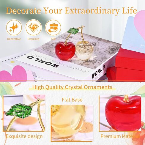 Double Crystal Cherry Figurine-Sparkling Glass Fruit Paperweight & Tabletop Decor-Elegant Home Office Centerpiece for Kitchen, Living Room, Wedding&Christmas Gift (Red Collectible Ornaments in Saudi Arabia