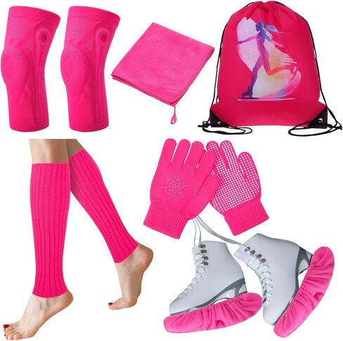 Soulchen 6 Packs Ice Skating Accessories Pink Figure Skating Set Gloves, Skate Guards, Knee Pads, Socks, Towel, Anti Slip Backpack for Training Practice Competition Girl Women in Saudi Arabia
