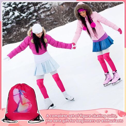 Soulchen 6 Packs Ice Skating Accessories Pink Figure Skating Set Gloves, Skate Guards, Knee Pads, Socks, Towel, Anti Slip Backpack for Training Practice Competition Girl Women in Saudi Arabia