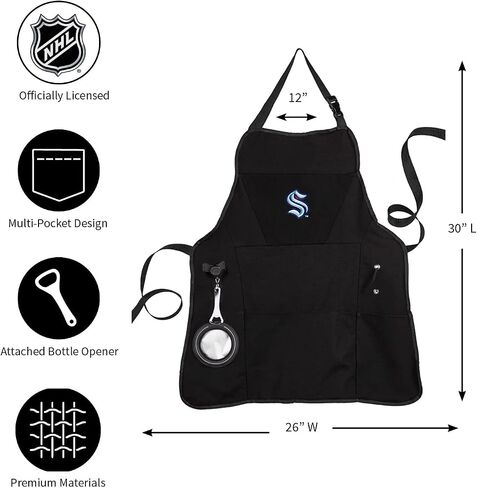 Team Sports America Outdoor NHL Black Grilling Apron | Seattle Kraken | Made of Durable Cotton | Beverage Opener and Multi-Tool | Sports and Tailgaiting Apparel in Saudi Arabia