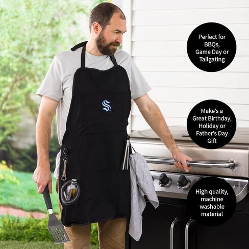Team Sports America Outdoor NHL Black Grilling Apron | Seattle Kraken | Made of Durable Cotton | Beverage Opener and Multi-Tool | Sports and Tailgaiting Apparel in Saudi Arabia