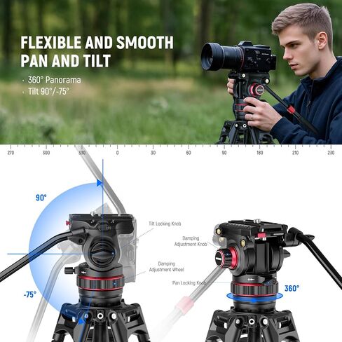 NEEWER 74" Pro Video Tripod with Fluid Head, All Metal Heavy Duty QR Plate Compatible with DJI RS Gimbals Manfrotto, Flexible 360° Pan&+90°/-75° Tilt with Adjustable Damping Max Load 22lb/10kg, TP75 in Saudi Arabia