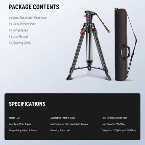 NEEWER 74" Pro Video Tripod with Fluid Head, All Metal Heavy Duty QR Plate Compatible with DJI RS Gimbals Manfrotto, Flexible 360° Pan&+90°/-75° Tilt with Adjustable Damping Max Load 22lb/10kg, TP75 in Saudi Arabia
