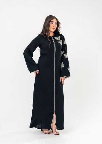 لهجات ذهبية أسود أنيقة ، أمامية سحاب ، أكمام مشوقة - فستان إسلامي متواضع للعيد ، رمضان ، والمناسبات الخاصة in Saudi Arabia