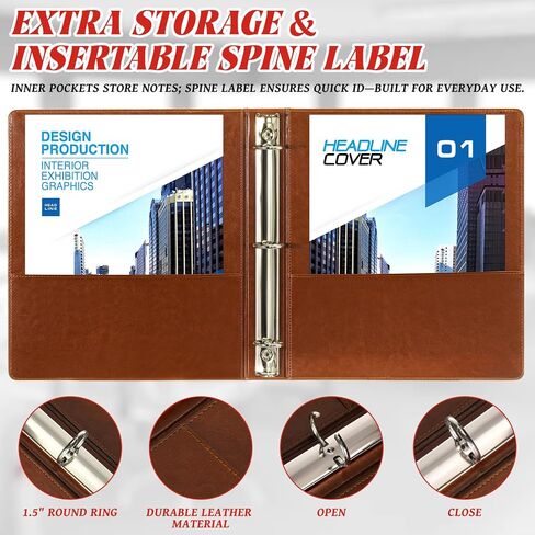 Fulmoon 6 PCS Leather 3 Binder Ring Ring ، 1.5 بوصة عتيقة Round Ring Binder مع 2 جيوب داخلية وحامل علامة العمود الفقري ، محفظة تنفيذية احترافية للمدرسة المنزلية (Black) in Saudi Arabia