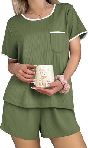 Ekouaer Womens Pajama مجموعة متماسكة مضلعة شورتات ناعمة PJS Summer Sleepwear من قطعتين صالة عرضية مع الرباط والجيوب in Saudi Arabia