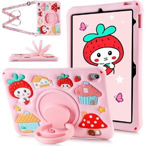 for iPad 10th Generation Case Kids Girls 10.9 Inch Case for iPad (A16) 11th Generation 11 Inch 2025, Strawberry Soft Silicone Cute Tablet Protection Cover with Strap & Rotating Stand, Purple in Kuwait