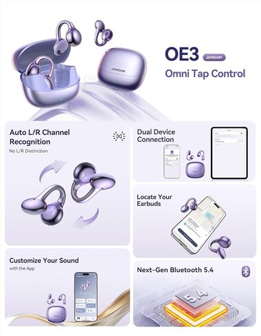 Clip Open Open Open On On Earbuds ، سائق 13 ملم ، 4.9G الخفيف ، والتحكم في Omnitap ، وتصميم L-Bridge الحصري ، وسماعات Bluetooth للراحة طوال اليوم. in Kuwait
