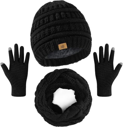 Winter Beanie Hat Scarf Gloves Set, Winter Clothes for Women, Fleece Lined Hats Touchscreen Gloves Thick Neck Warmer in Saudi Arabia