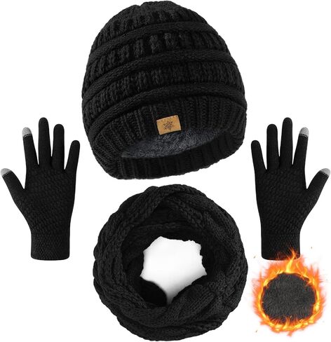 Winter Beanie Hat Scarf Gloves Set, Winter Clothes for Women, Fleece Lined Hats Touchscreen Gloves Thick Neck Warmer in Saudi Arabia