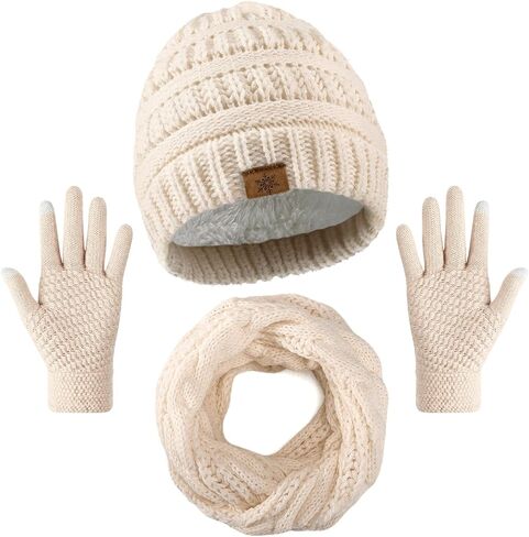 Winter Beanie Hat Scarf Gloves Set, Winter Clothes for Women, Fleece Lined Hats Touchscreen Gloves Thick Neck Warmer in Saudi Arabia