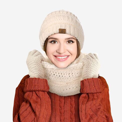 Winter Beanie Hat Scarf Gloves Set, Winter Clothes for Women, Fleece Lined Hats Touchscreen Gloves Thick Neck Warmer in Saudi Arabia