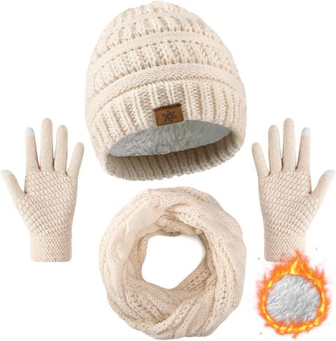 Winter Beanie Hat Scarf Gloves Set, Winter Clothes for Women, Fleece Lined Hats Touchscreen Gloves Thick Neck Warmer in Saudi Arabia