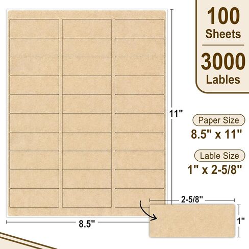 NATURALABEL 30 Sheets Printable Kraft Address Labels for Laser & Inkjet Printers, 1" x 2-5/8" - 30 per Page, Self-Adhesive Mailing Labels, Matte (900 Count) in Saudi Arabia