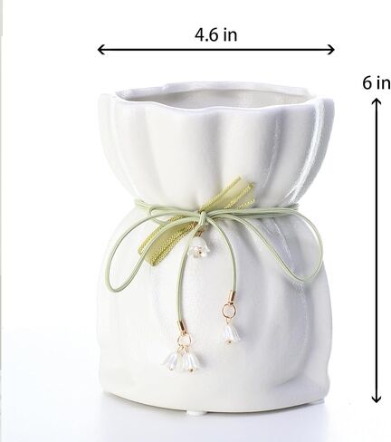 Decorative Ceramic Vase with Ribbon Tie and Pendants, White 4.6 x 6 inches (White Small) in Saudi Arabia