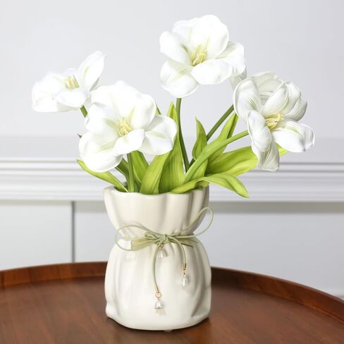 Decorative Ceramic Vase with Ribbon Tie and Pendants, White 4.6 x 6 inches (White Small) in Saudi Arabia