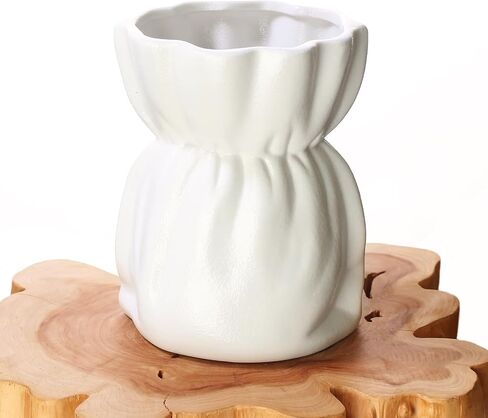 Decorative Ceramic Vase with Ribbon Tie and Pendants, White 4.6 x 6 inches (White Small) in Saudi Arabia