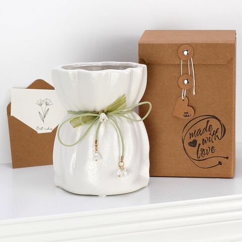 Decorative Ceramic Vase with Ribbon Tie and Pendants, White 4.6 x 6 inches (White Small) in Saudi Arabia
