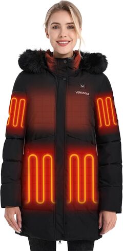 Venustas Women’s Long Heated Parka Jacket, 6 Heating Zones, Detachable Faux Fur Hood, Water-repellent Winter Coat in Saudi Arabia