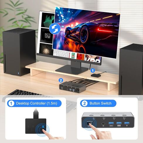 TA202A DD 8K HDMI KVM Switch 2x2, Dual Monitor USB 3.0 Switch Box, Black, 2 Input 2 Output, USB Keyboard Mouse Sharing, Multiple PC Control in Saudi Arabia
