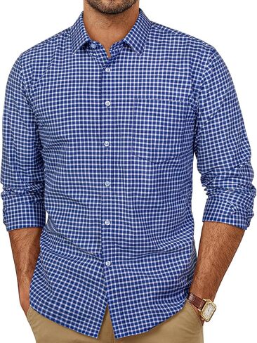 PJ Paul Jones Men's Slim Fit Long Sleeve Plaid Plaid Cotton Business Dressal Dress Dress مع قمصان الجيب القماش القطني in Saudi Arabia