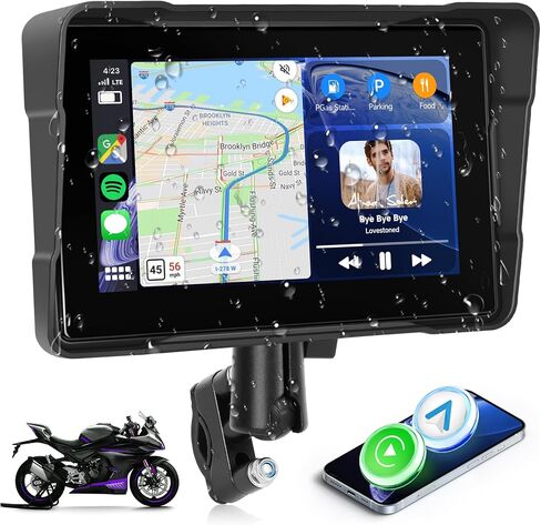 6.86 Inch Motorcycle Carplay Screen Rimoody with Wireless Carplay Android Auto for Car, Bluetooth, GPS Navigation, EQ, IP67 Waterproof Touchscreen, Mirror Link, Voice Control in Saudi Arabia