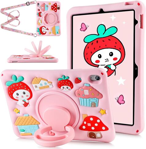 for iPad 10th Generation Case Kids Girls 10.9 Inch Case for iPad (A16) 11th Generation 11 Inch 2025, Strawberry Soft Silicone Cute Tablet Protection Cover with Strap & Rotating Stand, Purple in Kuwait