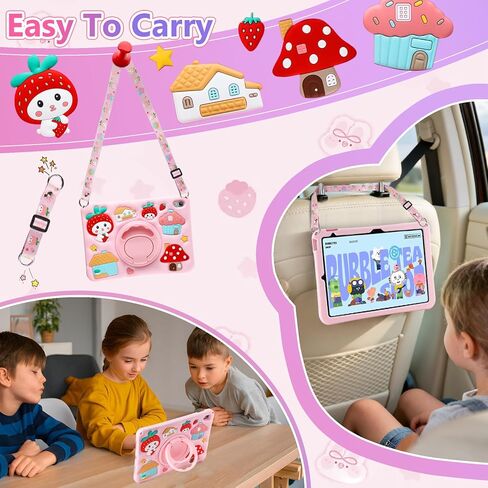 for iPad 10th Generation Case Kids Girls 10.9 Inch Case for iPad (A16) 11th Generation 11 Inch 2025, Strawberry Soft Silicone Cute Tablet Protection Cover with Strap & Rotating Stand, Purple in Kuwait