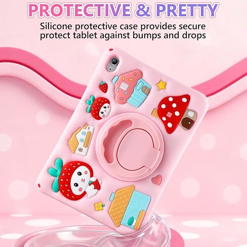 for iPad 10th Generation Case Kids Girls 10.9 Inch Case for iPad (A16) 11th Generation 11 Inch 2025, Strawberry Soft Silicone Cute Tablet Protection Cover with Strap & Rotating Stand, Purple in Kuwait