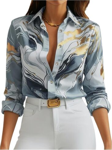 Wdirara Women's Ramble Print Button Down Long Sleeve Shirt Twist Plouse Top in Saudi Arabia