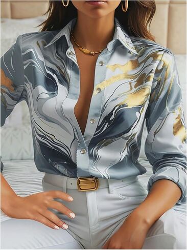 Wdirara Women's Ramble Print Button Down Long Sleeve Shirt Twist Plouse Top in Saudi Arabia