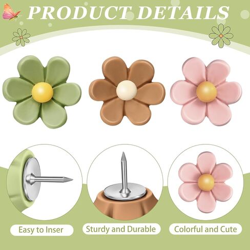 Sawysine 60 Pcs Decorative Thumb Tacks Colorful Cute Pushpin Flower Pushpin, Flower Thumb Tack for Corkboard Wall Office Home(Coffee Color, Beige, Green) in Saudi Arabia