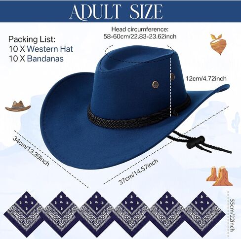 Coume 10 Set Cowboy Hat and Bandana for Women Men 10 Cowgirl Cowboy Hat Bulk 10 Western Bandanas for Adult Costume Party in Saudi Arabia