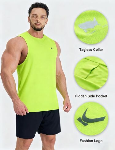 KPSUN Men's Quick Dry Workout Tank Tops Sleeveless Gym Muscle Shirts Fitness Running Athletic Swim Shirt with Side Pocket in Kuwait