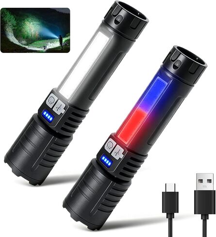 Tactical Flashlights Torch High Lumens Rechargeable, 3 Modes Led Waterproof Zoomable Linternas Handheld Small Flashlight, Adjustable Brightness Flash Light for Hurricane/Home/Emergency (2 Pack) in Kuwait
