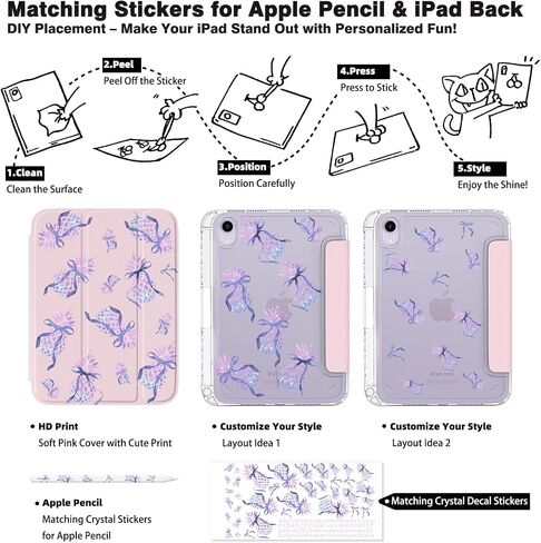 Y2K Tablet Case for iPad Mini 6/7 (8.3", 2021/2024) – Hot Pink Retro Sticker Print Cover with Pencil Holder, Vinyl Lip Design, Tri-Fold Stand, Auto Sleep/Wake, ipad mini cute case for Girls in Saudi Arabia
