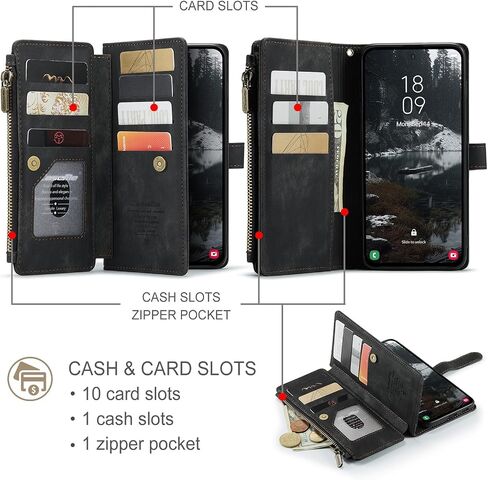 حالة محفظة متوافقة مع Samsung Galaxy S25+ Plus مع حامل البطاقة Kickstand سحاب مغناطيسي حبل الحبل المعصم ، محفظة علبة جلدية للمجرة S25+ بالإضافة إلى 6.7 بوصة (أسود) in Kuwait