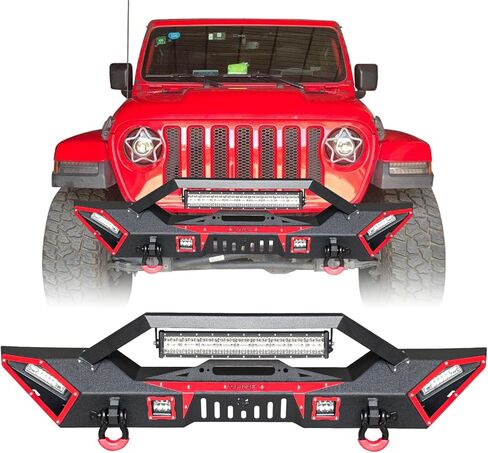 مصد أمامي تم ترقيته الأسود المتوافق مع 2007-2025 Jeep Wrangler JK JKU JL و 2020-2024 Jeep Gladiator JT W/Winch Plate & D-Rings & LED in Kuwait