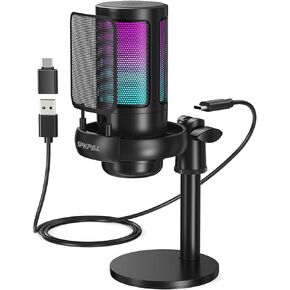 SPKPAL USB Microphone PC, Podcast Microphone w/ RGB Light, Mute Button, Gain Knob PS4/5, Mac, Phone, Gaming Mic w/ Pop Filter, Metal Stand, Headphones Jack Streaming, Recording, Chat (ME6S)