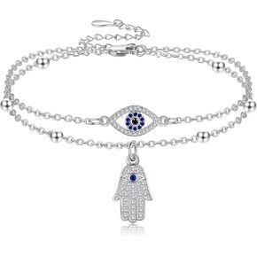 JERWLI Evil Eye Hamsa Anklet Sterling Silver Evil Eye and Hamsa Layered Anklet Bracelet Good Luck Protection Amulet Jewelry for Women Girls in Kuwait