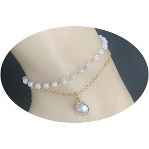 Layered Pearl Ankle Bracelet for Women 14K Gold White Pearl Foot Chain Boho Vintage Pearl Dangle Chain Anklet Bracelet Dainty Layered Charm Anklet 2Pcs Set Foot Jewelry Gift for Women Girls