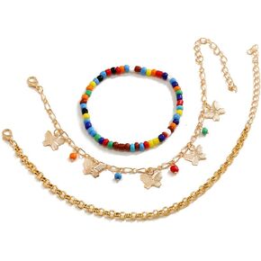 JOYA GIFT 3pcs Gold Butterfly Bohemian Beaded Beach Anklet Set Multi-Layer Colored Rice Bead Floral Gravel Link Chain Stack Anklets for Women Girls