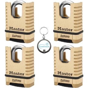 Master Lock 1177D 2-1/4in (57mm) Wide ProSeries Shrouded Brass Resettable Combination Padlock, 4 Pack Bundle w/Lumintrail Keychain Light