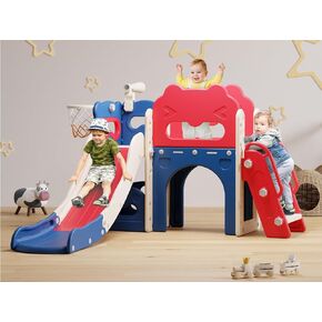Babytronic Toddler Slide, 7 in 1 Kids Indoor Slide for Toddler 1-3, Indoor Outdoor Toddler Slide Playset with Basketball Hoop and Telescope, Baby Indoor Slide Toddler Playground(Blue&Red)