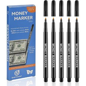 EasyCount E Counterfeit Money Detctor, 5 Pack Counterfeit Bill Detector Pen. Bill Marker Checker. Pen to Check is Real, Money Marker Bill Detector Pen. Small Business Necessities.