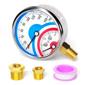 MEANLIN MEASURE 0-160Psi Thermal Pressure Gauge,0-250℉ 1/4" NPT 2.5" FACE DIAL,Boiler Temperature Pressure Gauge,with Reset Pointer, with 1/4" x 1/2" NPT and 1/4" x 3/8" NPT Hex Bushing,Back Mount